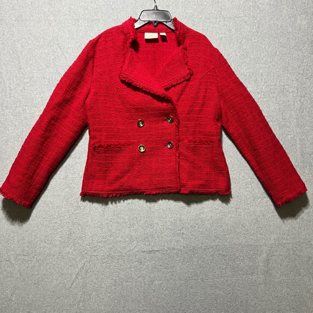Chicos Luxury Red Tweed Blazer Double Breasted Fringed Collar Womens Size 1